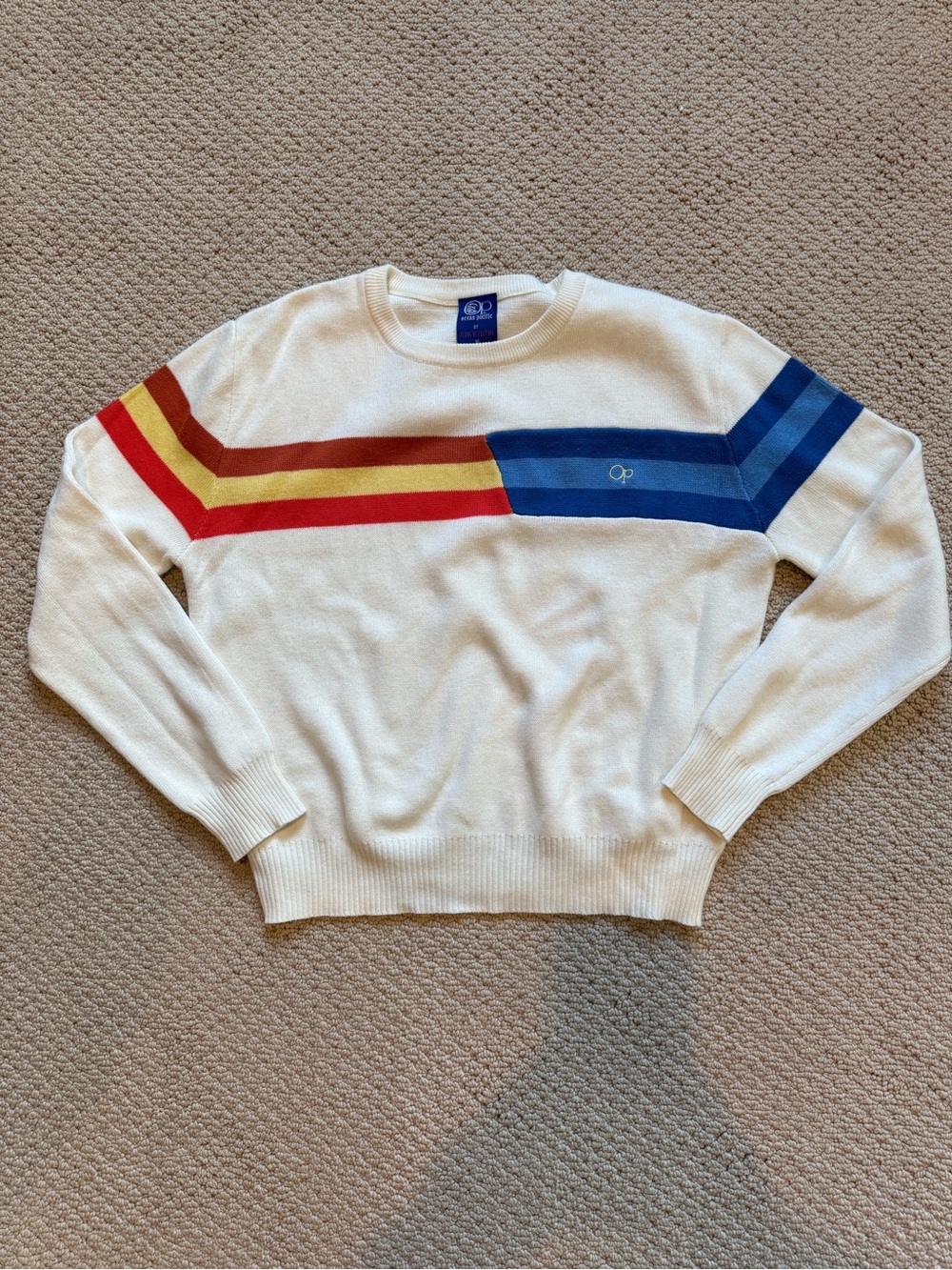 Vintage OP White Crewneck Sweater with Red, Yellow and Blue Stripes